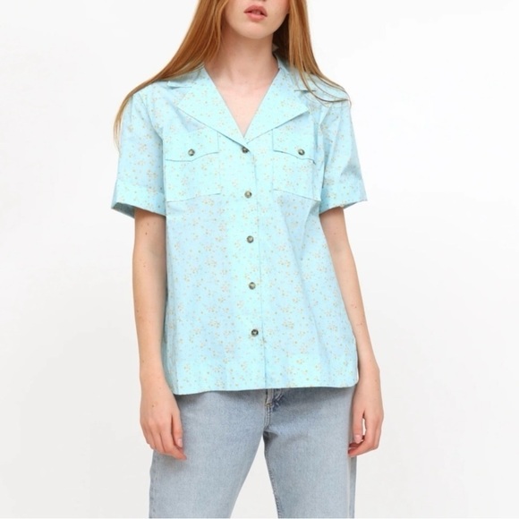 Ganni Ditsy Blue Floral Organic Cotton Poplin Short Sleeve Button Up SZ EU40 US8 - Picture 1 of 14